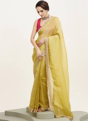 Lime yellow embellished sequinned silk blend saree partywear saree 4
