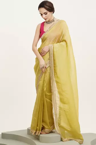 Lime yellow embellished sequinned silk blend saree partywear saree