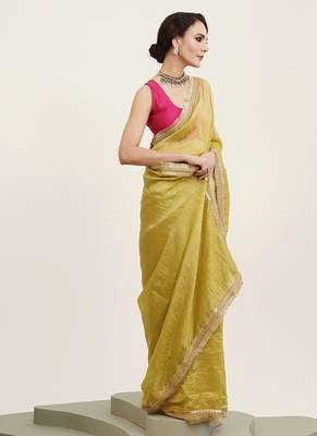 Lime yellow embellished sequinned silk blend saree partywear saree 5