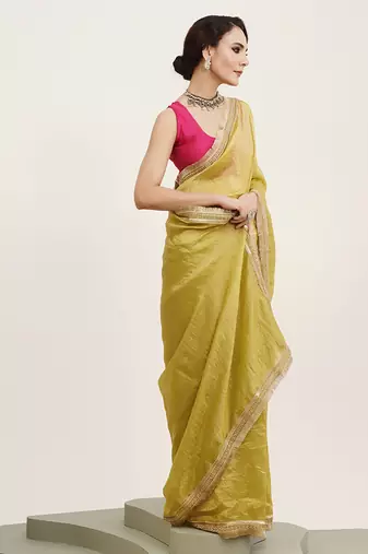 Lime yellow embellished sequinned silk blend saree partywear saree