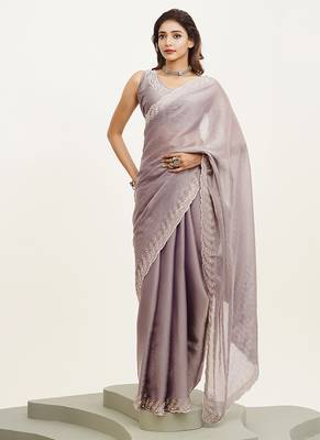 Lavender embellished beads and stones satin saree partywear saree 1
