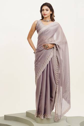 Lavender color embellished beads and stones satin saree for beautiful partywear saree