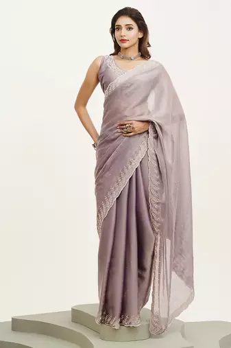 Lavender color embellished beads and stones satin saree for beautiful partywear saree