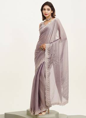 Lavender embellished beads and stones satin saree partywear saree 4