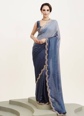 Blue embellished beads and stones satin saree partywear saree 1