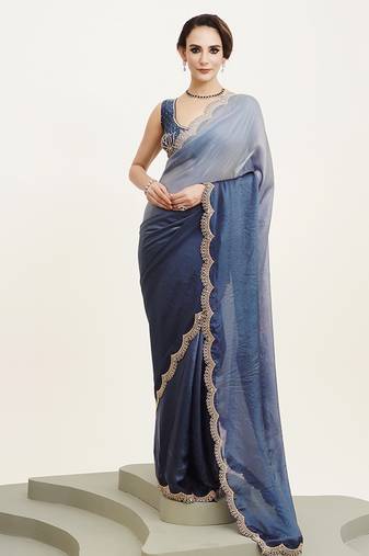 Blue color embellished beads and stones satin saree for beautiful partywear saree