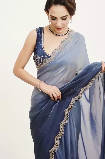 Blue embellished beads and stones satin saree partywear saree