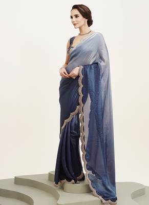 Blue embellished beads and stones satin saree partywear saree 4