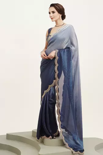 Blue embellished beads and stones satin saree partywear saree