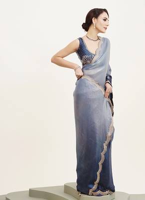Blue embellished beads and stones satin saree partywear saree 5