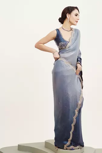 Blue embellished beads and stones satin saree partywear saree