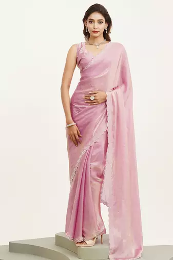 Pink color embellished beads and stones silk saree for beautiful partywear saree