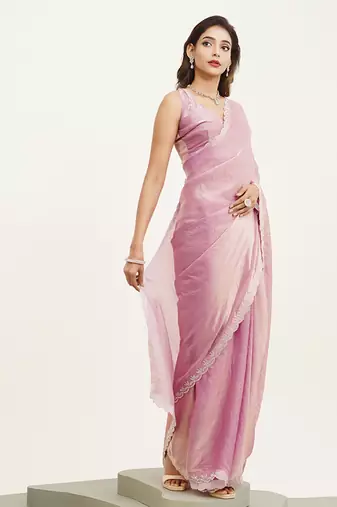 Pink embellished beads and stones silk blend saree partywear saree