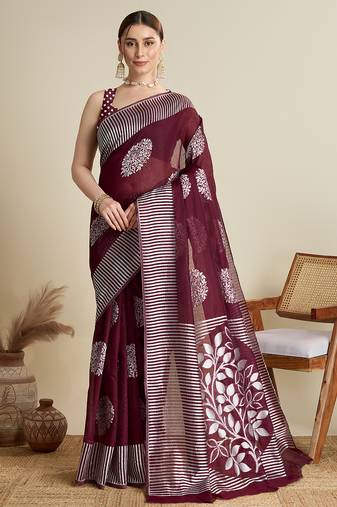 Wine soft silk blend floral Woven saree