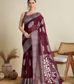 Wine soft silk blend floral Woven saree