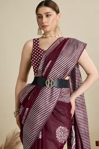 Wine soft silk blend floral Woven saree