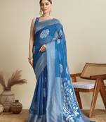Teal blue color soft silk fabric wevon flower stylish partywear saree