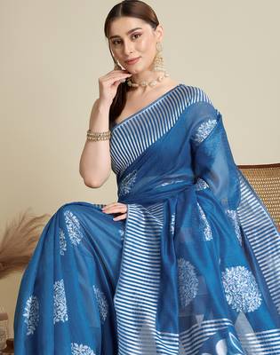 Teal blue soft silk blend wevon flower stylish partywear saree 3