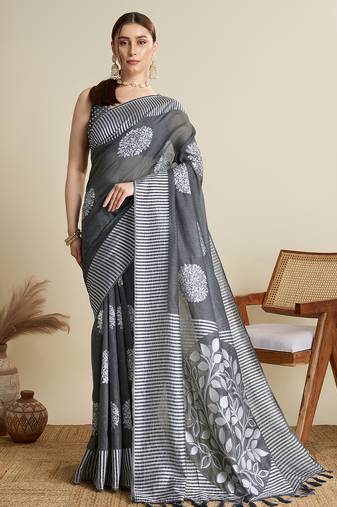 Grey color soft silk fabric wevon flower designer stylish partywear saree