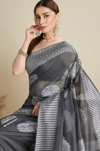 Grey soft silk blend wevon flower stylish partywear saree