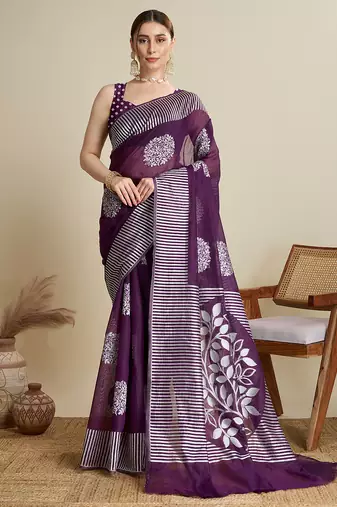 Purple color soft silk fabric wevon flower designer stylish partywear saree