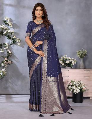 Blue faux banarasi silk blend jacquard weving trendy partywear saree 1