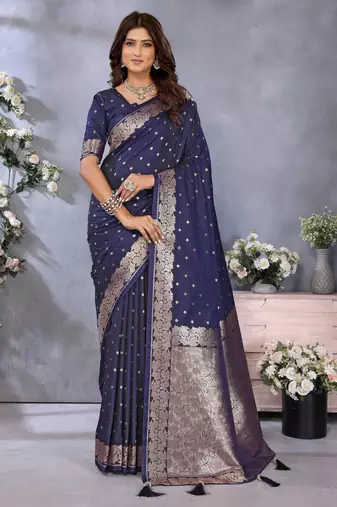 Blue color banarasi silk jacquard weving designer trendy partywear saree