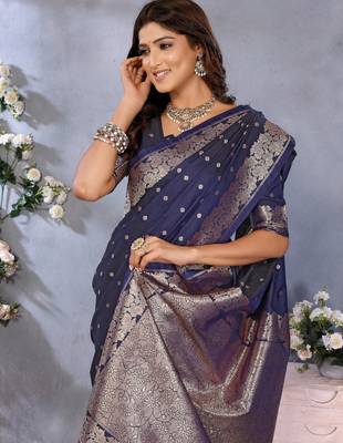 Blue faux banarasi silk blend jacquard weving trendy partywear saree 4