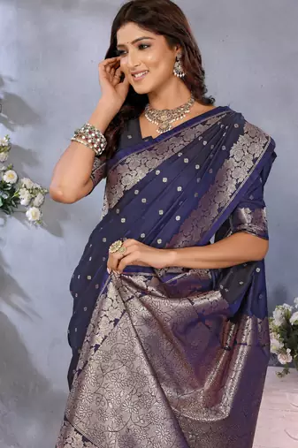 Blue faux banarasi silk blend jacquard weving trendy partywear saree