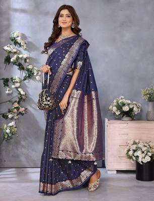 Blue faux banarasi silk blend jacquard weving trendy partywear saree 5