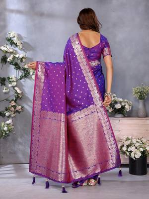 Purple faux banarasi silk blend jacquard weving trendy partywear saree 3