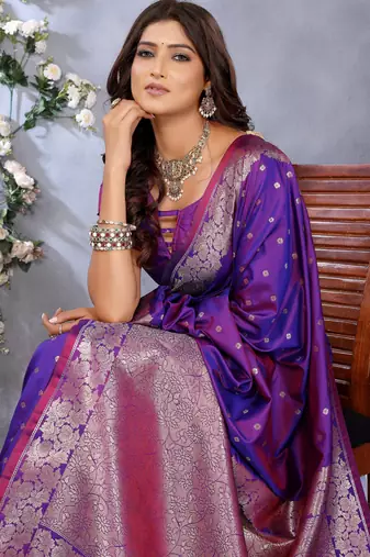 Purple faux banarasi silk blend jacquard weving trendy partywear saree