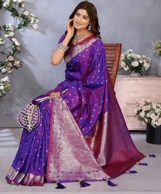Purple faux banarasi silk blend jacquard weving trendy partywear saree 5