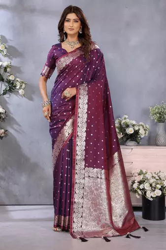 Wine color banarasi silk jacquard weving designer trendy partywear saree