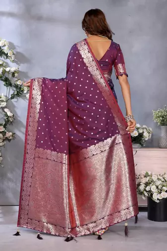 Wine faux banarasi silk blend jacquard weving trendy partywear saree