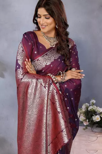Wine faux banarasi silk blend jacquard weving trendy partywear saree