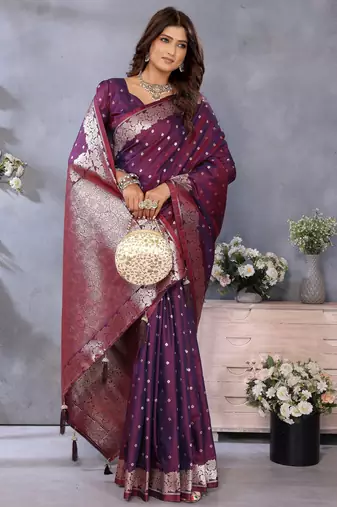 Wine faux banarasi silk blend jacquard weving trendy partywear saree