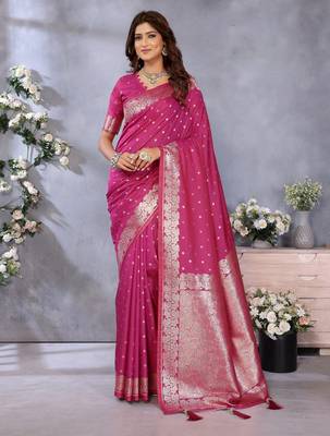 Pink faux banarasi silk blend jacquard weving trendy partywear saree 1