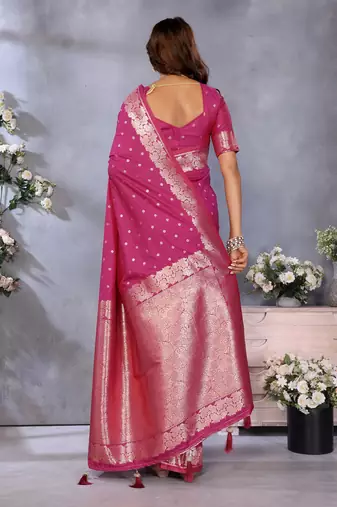 Pink faux banarasi silk blend jacquard weving trendy partywear saree