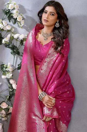 Pink faux banarasi silk blend jacquard weving trendy partywear saree