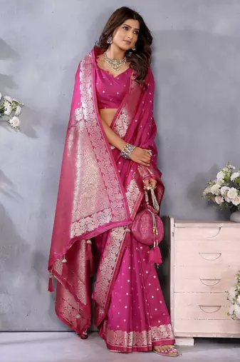 Pink faux banarasi silk blend jacquard weving trendy partywear saree