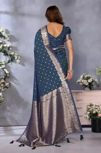 Teal blue faux banarasi silk blend jacquard weving trendy partywear saree
