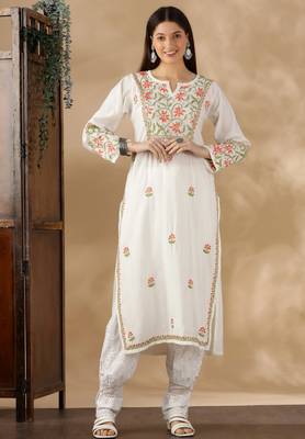 Chikankari embroidered thread work chanderi cotton straight kurta 1