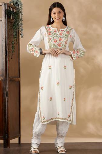 Chickenkari embroidered thread work chanderi cotton straight kurta