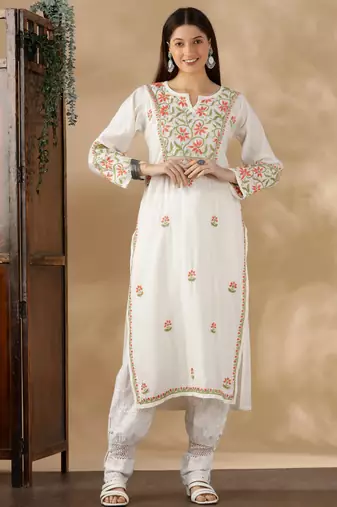 Chickenkari embroidered thread work chanderi cotton straight kurta