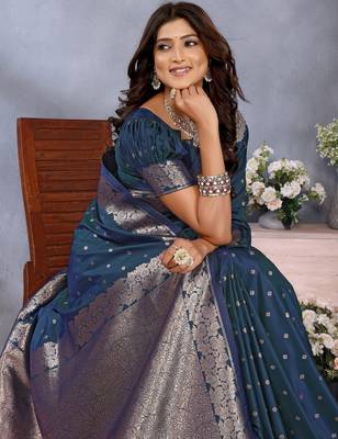 Teal blue faux banarasi silk blend jacquard weving trendy partywear saree 4