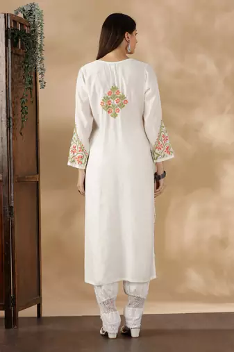 Chickenkari embroidered thread work chanderi cotton straight kurta