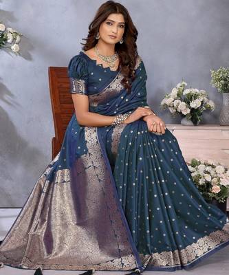 Teal blue faux banarasi silk blend jacquard weving trendy partywear saree 5