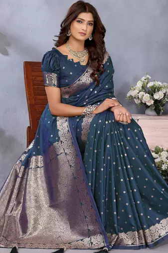 Teal blue faux banarasi silk blend jacquard weving trendy partywear saree
