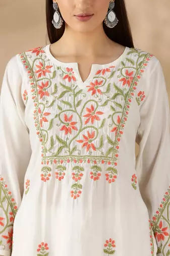 Chickenkari embroidered thread work chanderi cotton straight kurta